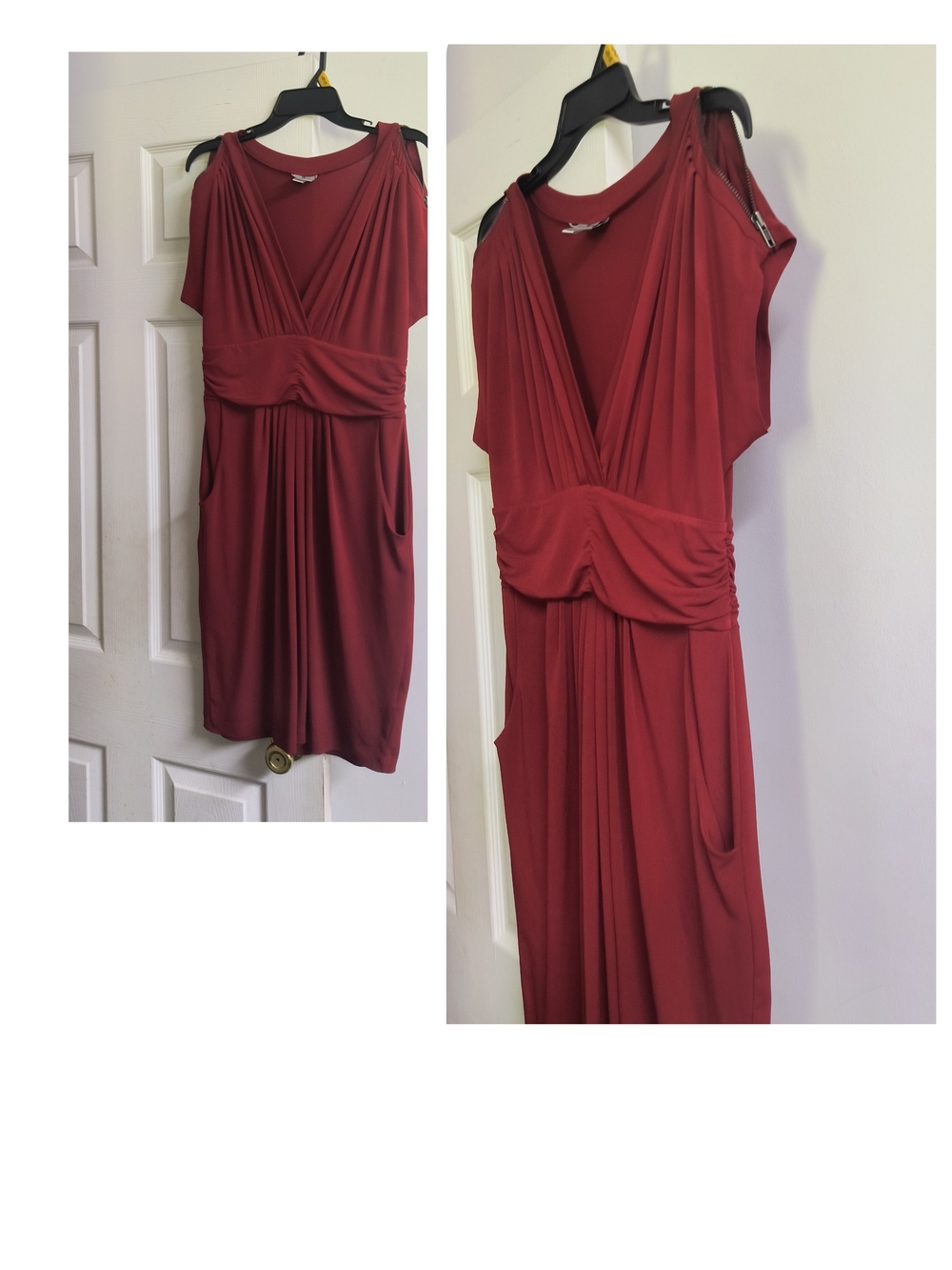 Wine Red V-Neck Pleated Cocktail Midi Dress with Pockets